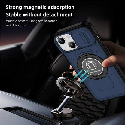 For iPhone 15 Plus Case TPU+PC Camshield Rotary Ring Kickstand Phone Cover