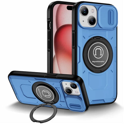For iPhone 15 Plus Case TPU+PC Camshield Rotary Ring Kickstand Phone Cover