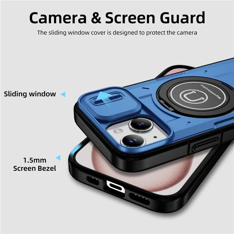 For iPhone 15 Plus Case TPU+PC Camshield Rotary Ring Kickstand Phone Cover