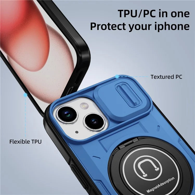 For iPhone 15 Plus Case TPU+PC Camshield Rotary Ring Kickstand Phone Cover