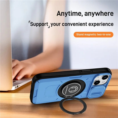 For iPhone 15 Plus Case TPU+PC Camshield Rotary Ring Kickstand Phone Cover