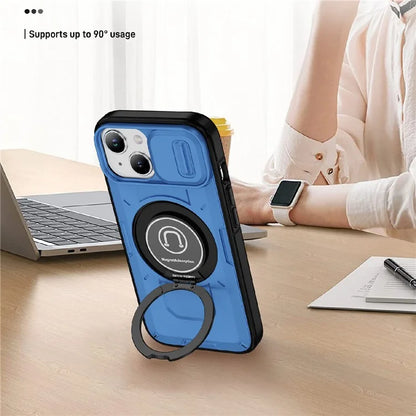 For iPhone 15 Plus Case TPU+PC Camshield Rotary Ring Kickstand Phone Cover