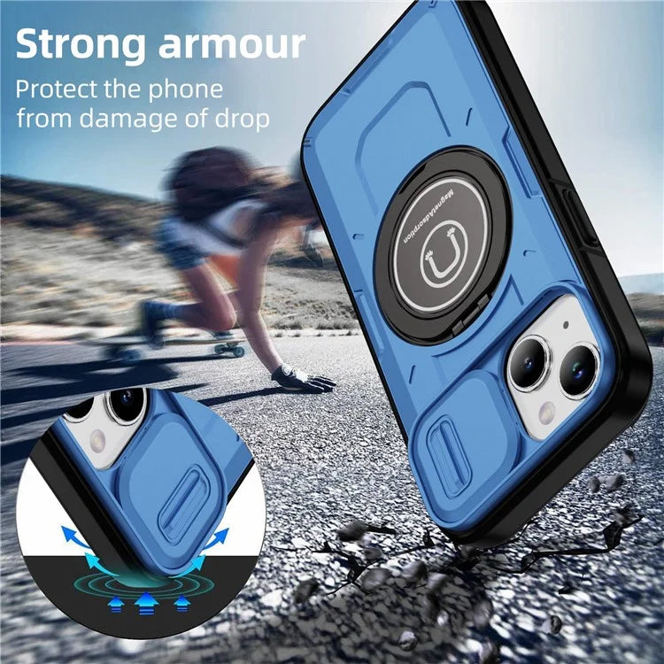 For iPhone 15 Plus Case TPU+PC Camshield Rotary Ring Kickstand Phone Cover