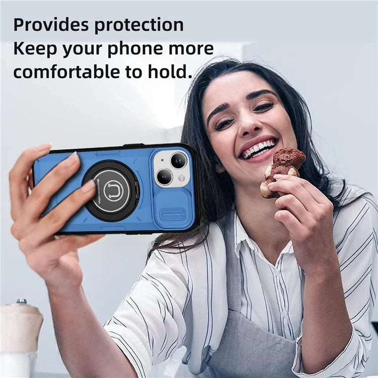 For iPhone 15 Plus Case TPU+PC Camshield Rotary Ring Kickstand Phone Cover