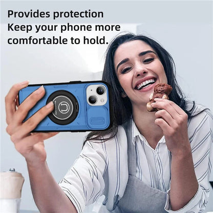 For iPhone 15 Plus Case TPU+PC Camshield Rotary Ring Kickstand Phone Cover