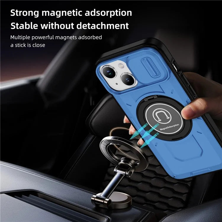 For iPhone 15 Plus Case TPU+PC Camshield Rotary Ring Kickstand Phone Cover