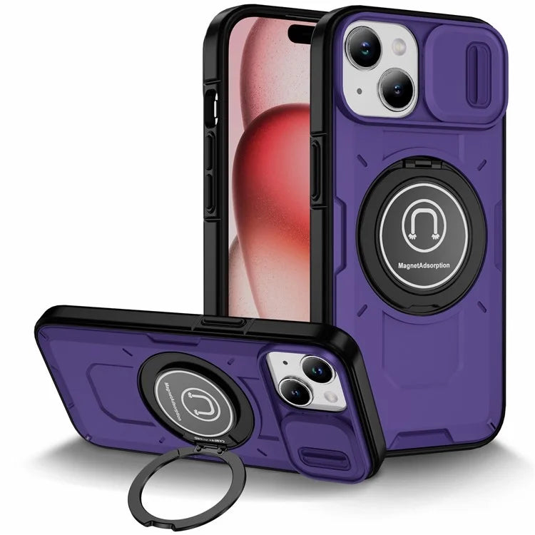 For iPhone 15 Plus Case TPU+PC Camshield Rotary Ring Kickstand Phone Cover