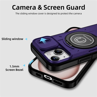 For iPhone 15 Plus Case TPU+PC Camshield Rotary Ring Kickstand Phone Cover