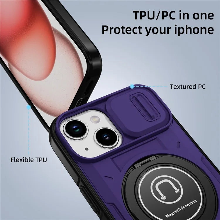 For iPhone 15 Plus Case TPU+PC Camshield Rotary Ring Kickstand Phone Cover