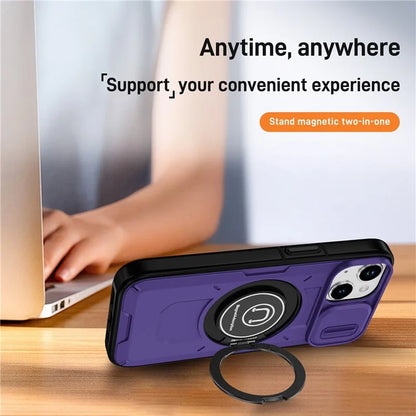 For iPhone 15 Plus Case TPU+PC Camshield Rotary Ring Kickstand Phone Cover