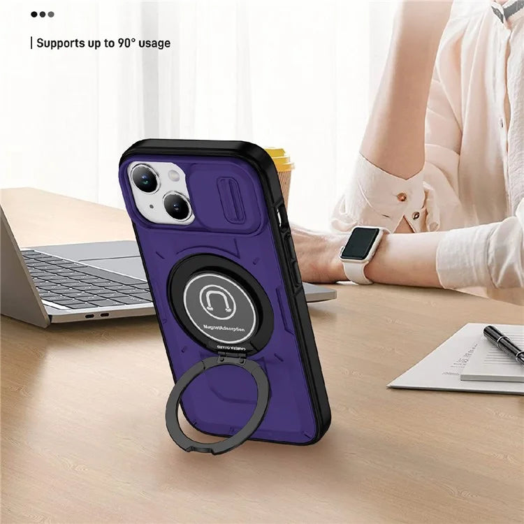 For iPhone 15 Plus Case TPU+PC Camshield Rotary Ring Kickstand Phone Cover