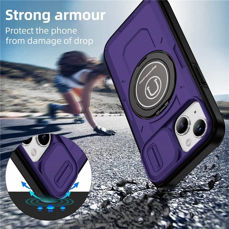 For iPhone 15 Plus Case TPU+PC Camshield Rotary Ring Kickstand Phone Cover