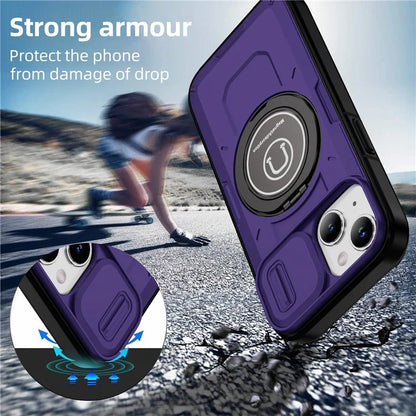 For iPhone 15 Plus Case TPU+PC Camshield Rotary Ring Kickstand Phone Cover