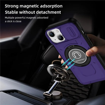 For iPhone 15 Plus Case TPU+PC Camshield Rotary Ring Kickstand Phone Cover