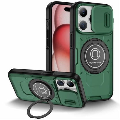 For iPhone 15 Pro Max Case TPU+PC Ring Kickstand Phone Cover with Slide Lens Shield