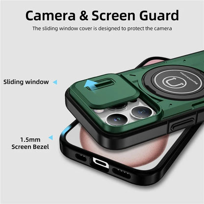 For iPhone 15 Pro Max Case TPU+PC Ring Kickstand Phone Cover with Slide Lens Shield