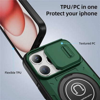 For iPhone 15 Pro Max Case TPU+PC Ring Kickstand Phone Cover with Slide Lens Shield