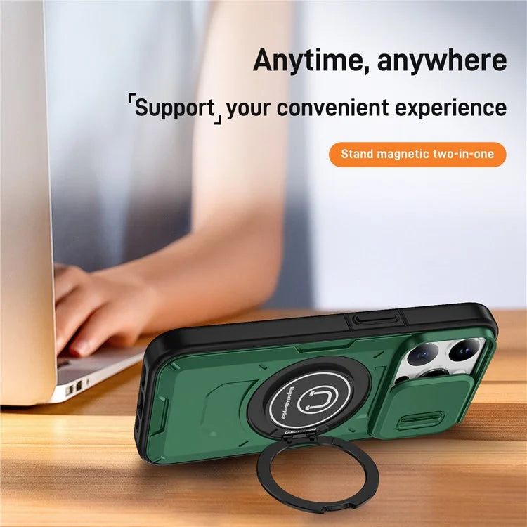 For iPhone 15 Pro Max Case TPU+PC Ring Kickstand Phone Cover with Slide Lens Shield