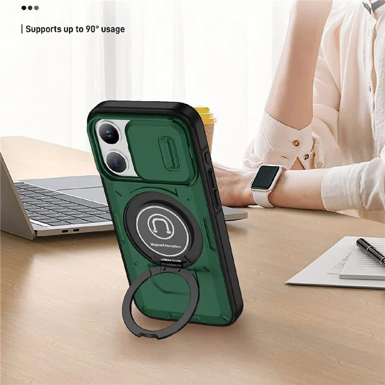 For iPhone 15 Pro Max Case TPU+PC Ring Kickstand Phone Cover with Slide Lens Shield