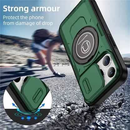 For iPhone 15 Pro Max Case TPU+PC Ring Kickstand Phone Cover with Slide Lens Shield