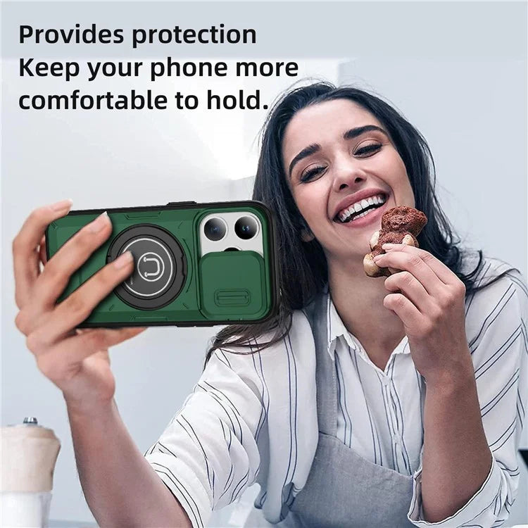 For iPhone 15 Pro Max Case TPU+PC Ring Kickstand Phone Cover with Slide Lens Shield