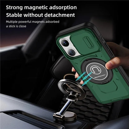 For iPhone 15 Pro Max Case TPU+PC Ring Kickstand Phone Cover with Slide Lens Shield