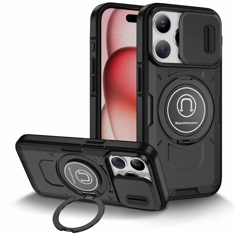For iPhone 15 Pro Max Case TPU+PC Ring Kickstand Phone Cover with Slide Lens Shield