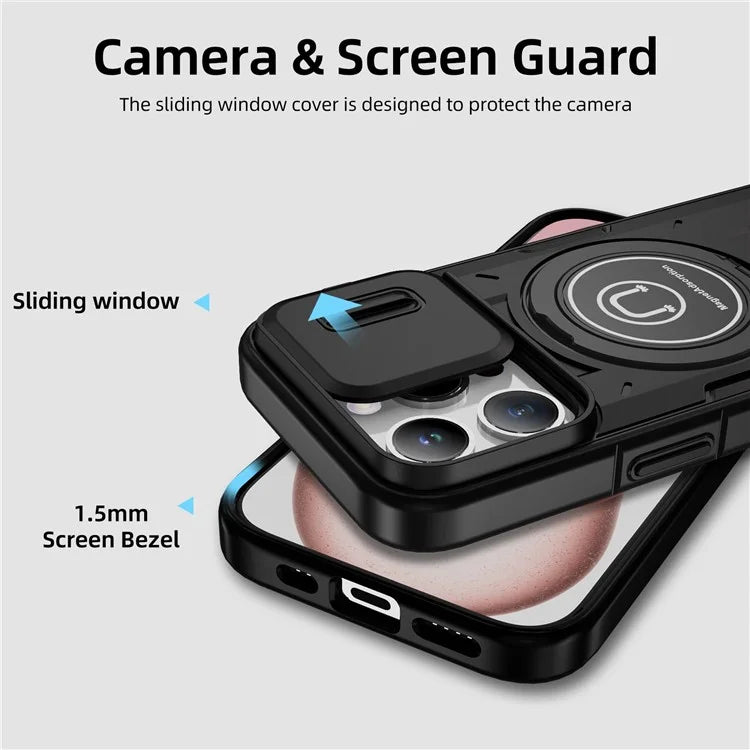 For iPhone 15 Pro Max Case TPU+PC Ring Kickstand Phone Cover with Slide Lens Shield
