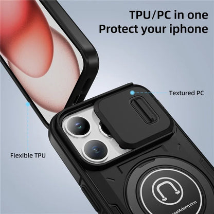 For iPhone 15 Pro Max Case TPU+PC Ring Kickstand Phone Cover with Slide Lens Shield
