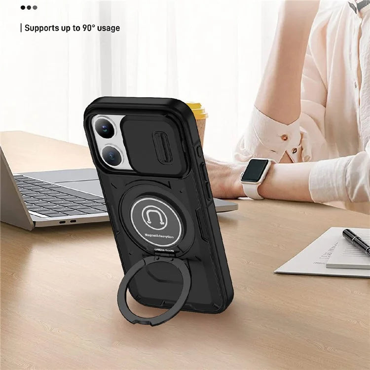 For iPhone 15 Pro Max Case TPU+PC Ring Kickstand Phone Cover with Slide Lens Shield
