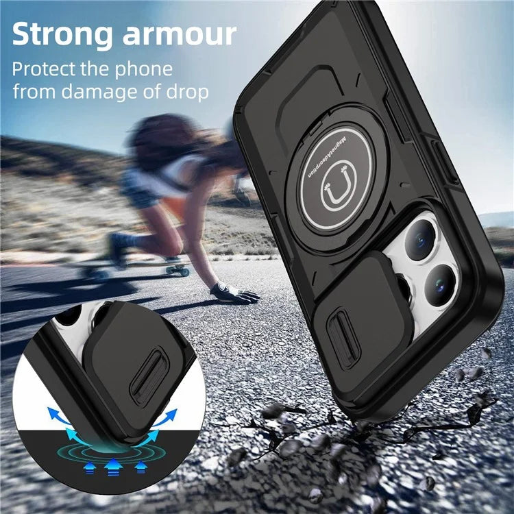 For iPhone 15 Pro Max Case TPU+PC Ring Kickstand Phone Cover with Slide Lens Shield