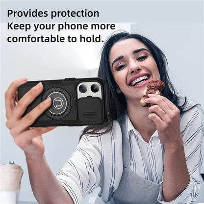 For iPhone 15 Pro Max Case TPU+PC Ring Kickstand Phone Cover with Slide Lens Shield
