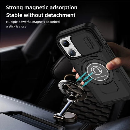 For iPhone 15 Pro Max Case TPU+PC Ring Kickstand Phone Cover with Slide Lens Shield