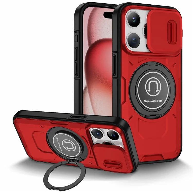 For iPhone 15 Pro Max Case TPU+PC Ring Kickstand Phone Cover with Slide Lens Shield