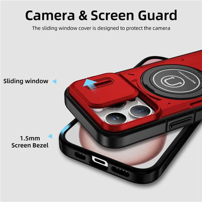 For iPhone 15 Pro Max Case TPU+PC Ring Kickstand Phone Cover with Slide Lens Shield