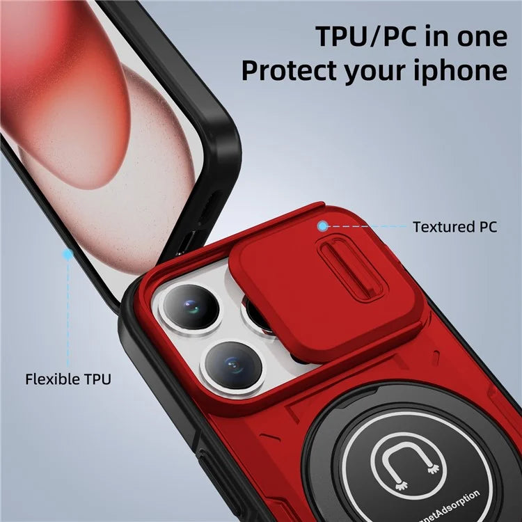 For iPhone 15 Pro Max Case TPU+PC Ring Kickstand Phone Cover with Slide Lens Shield