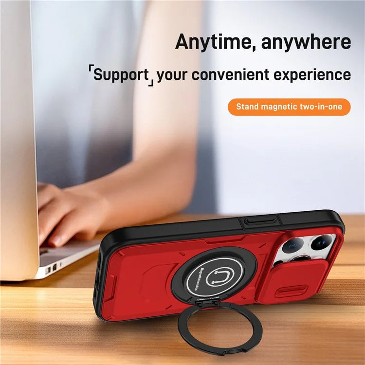 For iPhone 15 Pro Max Case TPU+PC Ring Kickstand Phone Cover with Slide Lens Shield
