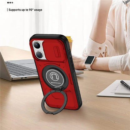 For iPhone 15 Pro Max Case TPU+PC Ring Kickstand Phone Cover with Slide Lens Shield
