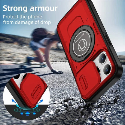 For iPhone 15 Pro Max Case TPU+PC Ring Kickstand Phone Cover with Slide Lens Shield