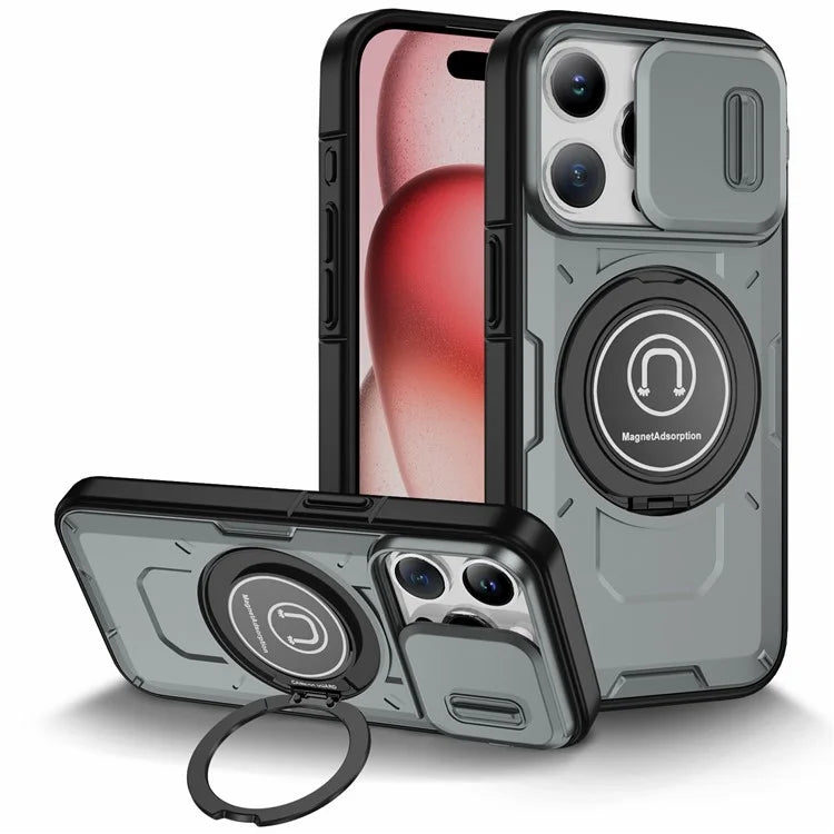 For iPhone 15 Pro Max Case TPU+PC Ring Kickstand Phone Cover with Slide Lens Shield