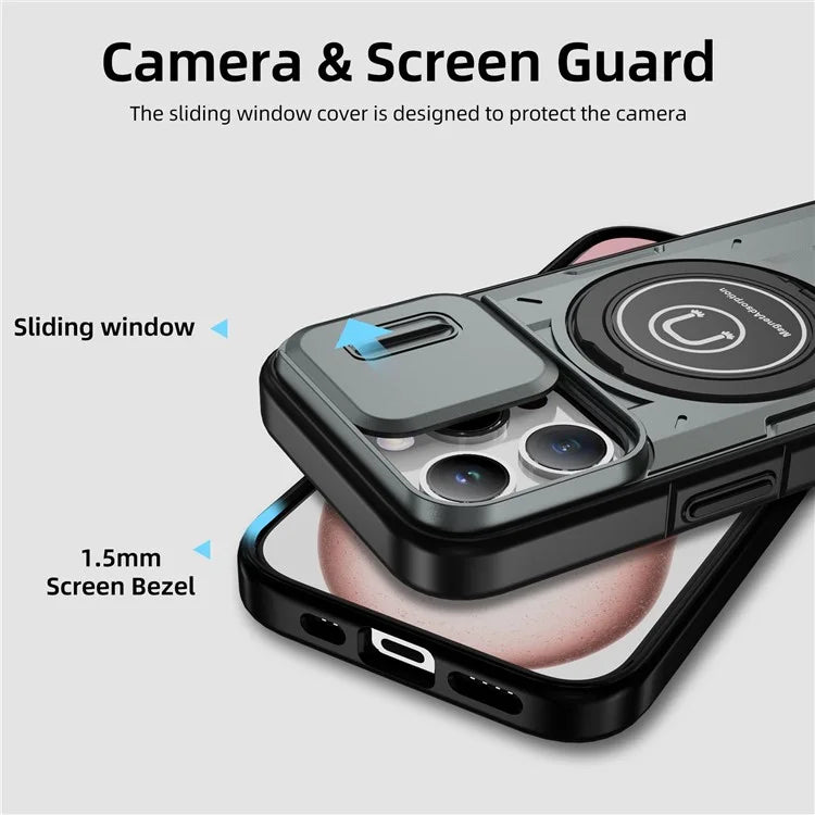 For iPhone 15 Pro Max Case TPU+PC Ring Kickstand Phone Cover with Slide Lens Shield