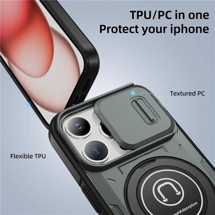 For iPhone 15 Pro Max Case TPU+PC Ring Kickstand Phone Cover with Slide Lens Shield