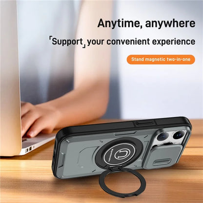 For iPhone 15 Pro Max Case TPU+PC Ring Kickstand Phone Cover with Slide Lens Shield