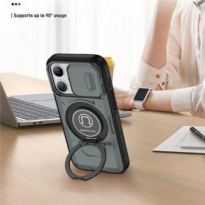For iPhone 15 Pro Max Case TPU+PC Ring Kickstand Phone Cover with Slide Lens Shield