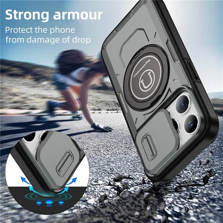 For iPhone 15 Pro Max Case TPU+PC Ring Kickstand Phone Cover with Slide Lens Shield