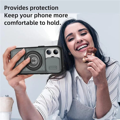 For iPhone 15 Pro Max Case TPU+PC Ring Kickstand Phone Cover with Slide Lens Shield