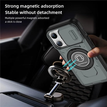 For iPhone 15 Pro Max Case TPU+PC Ring Kickstand Phone Cover with Slide Lens Shield