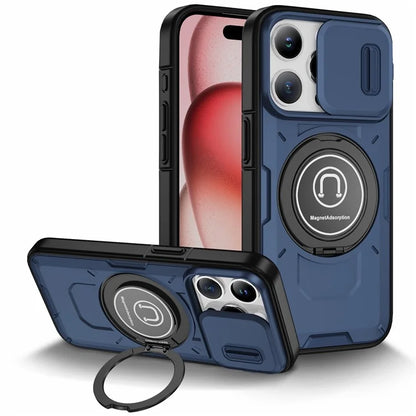 For iPhone 15 Pro Max Case TPU+PC Ring Kickstand Phone Cover with Slide Lens Shield