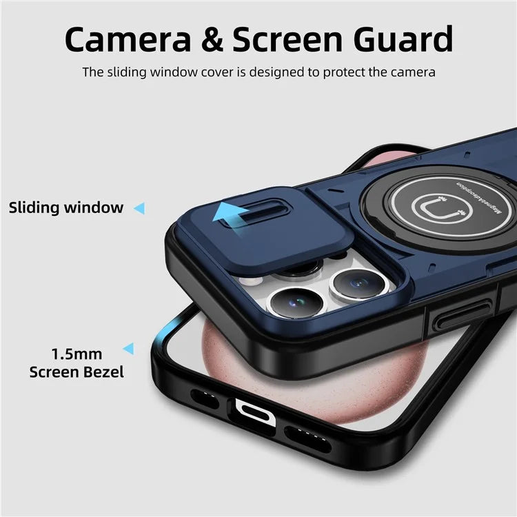 For iPhone 15 Pro Max Case TPU+PC Ring Kickstand Phone Cover with Slide Lens Shield