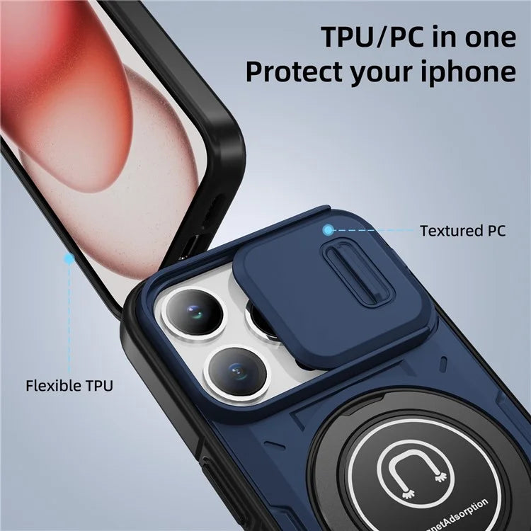 For iPhone 15 Pro Max Case TPU+PC Ring Kickstand Phone Cover with Slide Lens Shield